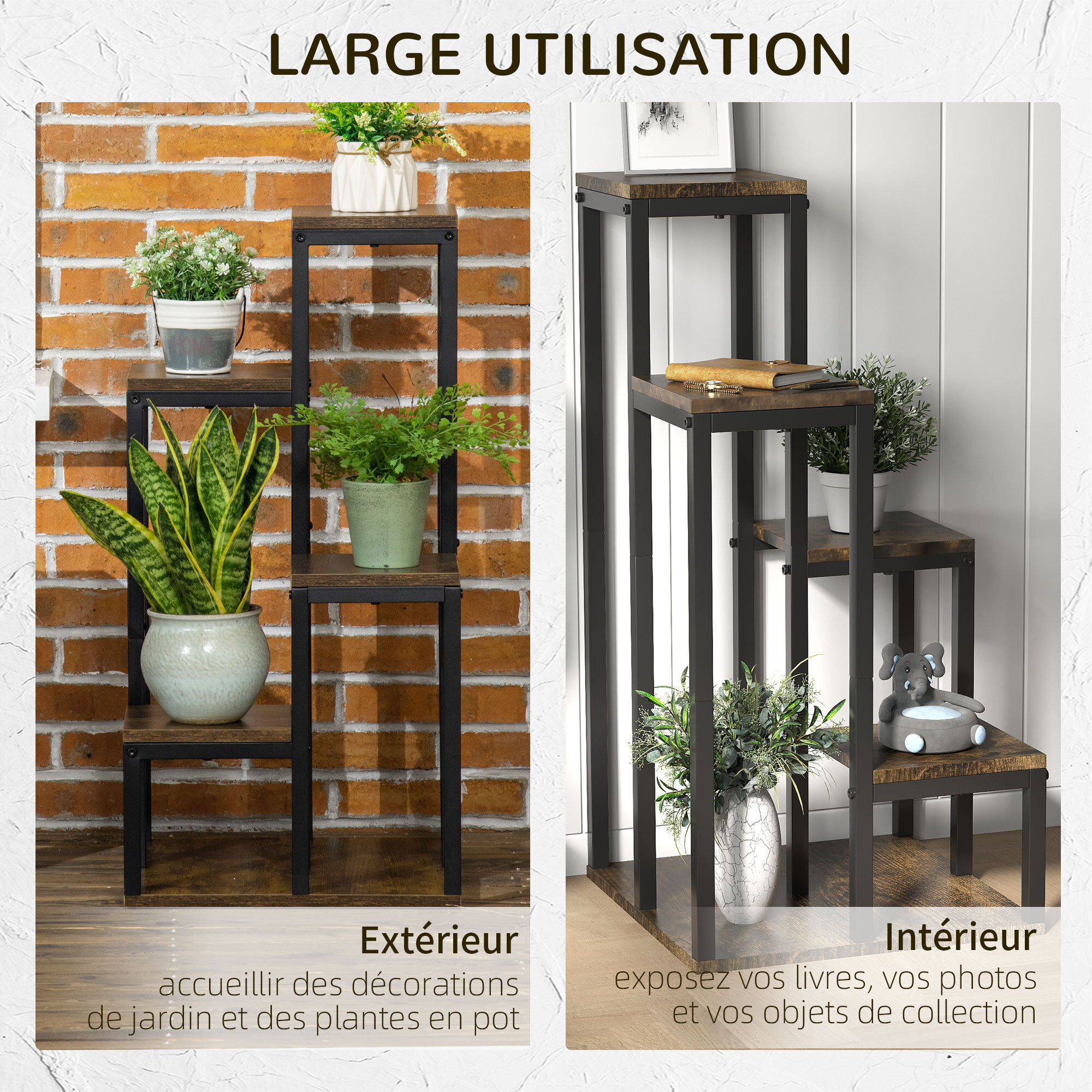 Support à fleurs style industriel 5 niveaux - porte plante 4 étagères - acier époxy noir aspect bois foncé