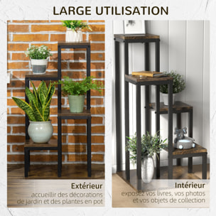 Support à fleurs style industriel 5 niveaux - porte plante 4 étagères - acier époxy noir aspect bois foncé