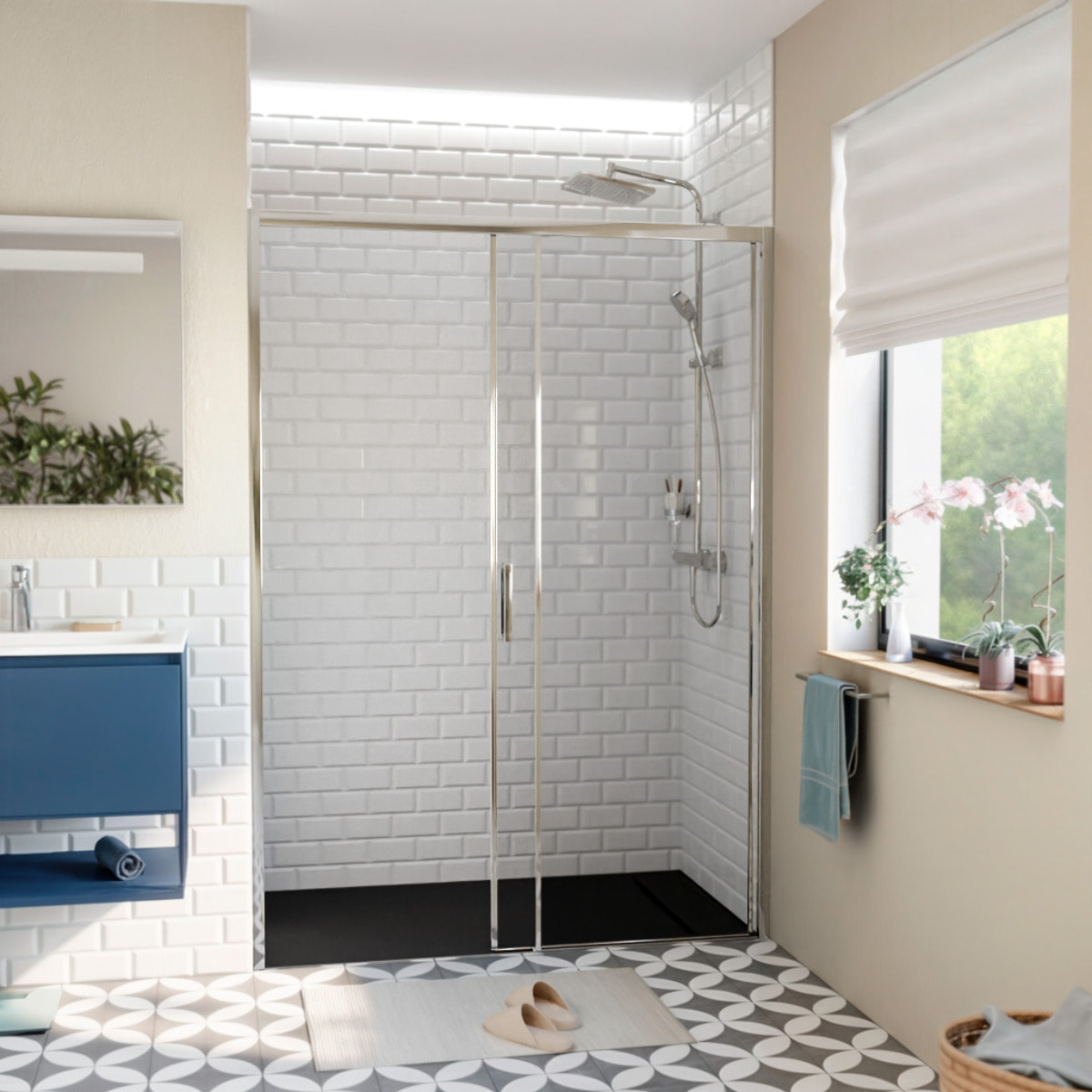 TEX BB Porte de douche 140x195cm coulissante anticalcaire avec profilés chrome brillant  (TEXDBB140CRT-SET)