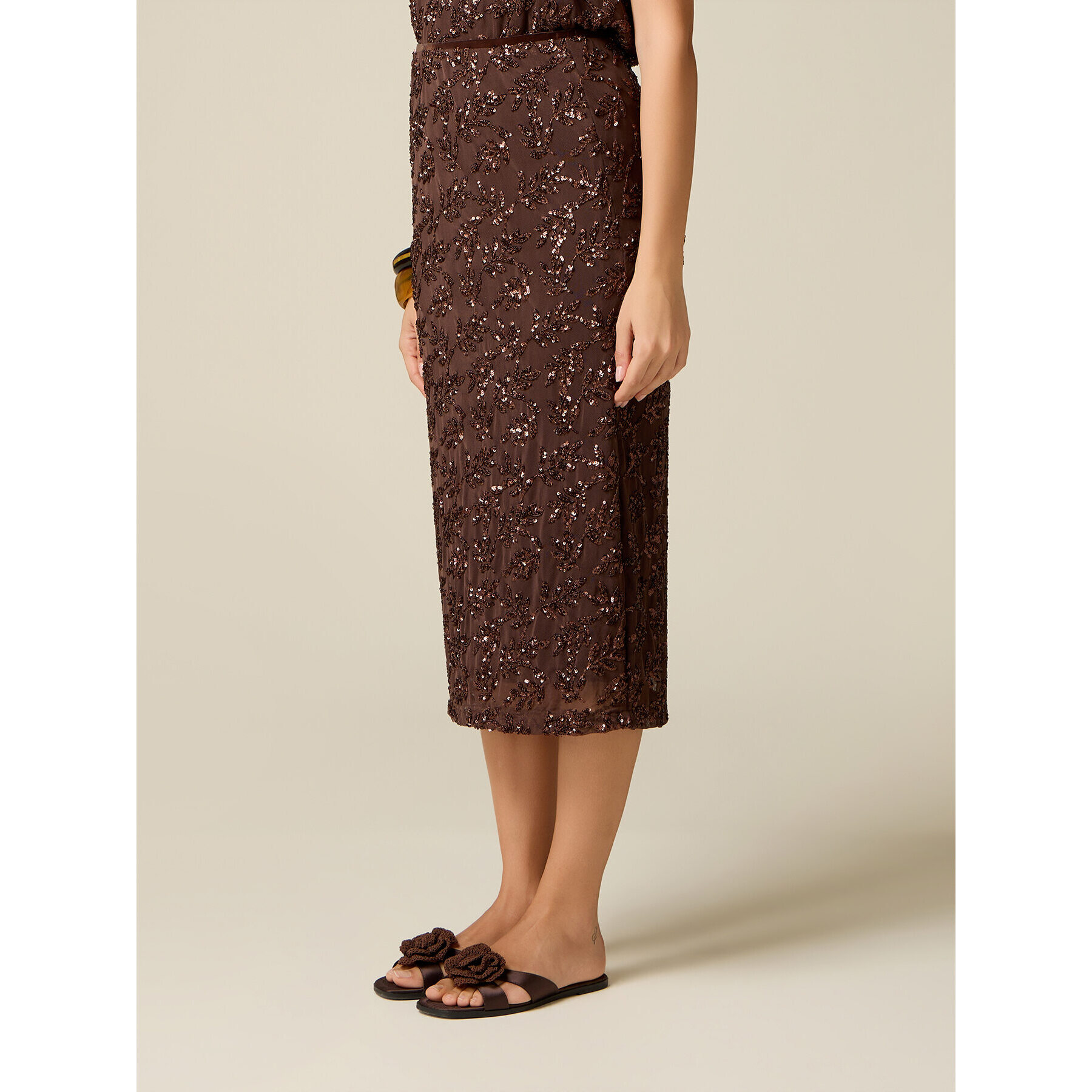 Oltre - Gonna tubino in tulle con paillettes - Marrone