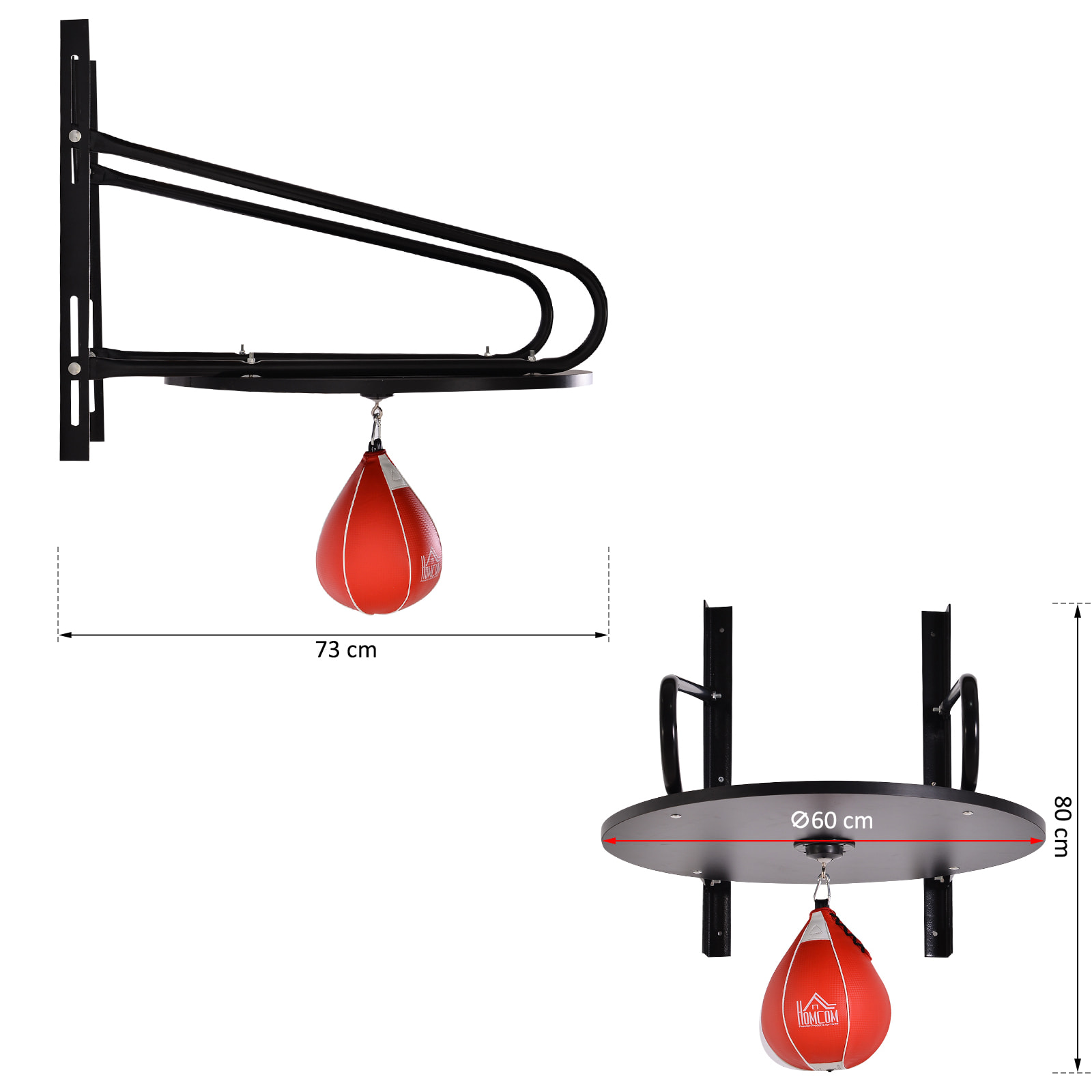 Punching ball poire de vitesse boxe avec support plateau tournant + pompe MDF acier revêtement synthétique rouge noir