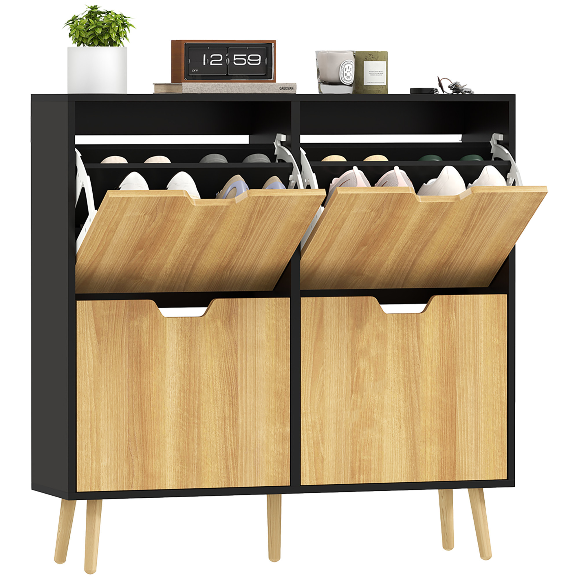 Zapatero Estrecho con 4 Cajones Abatibles, Zapatero Entrada Recibidor con Patas de Madera y Estantes Ajustables, para 16 Pares de Zapatos, para Pasillo, 95x26x95 cm, Natural y Negro