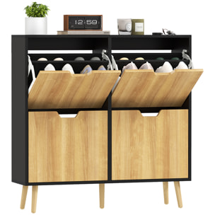 Zapatero Estrecho con 4 Cajones Abatibles, Zapatero Entrada Recibidor con Patas de Madera y Estantes Ajustables, para 16 Pares de Zapatos, para Pasillo, 95x26x95 cm, Natural y Negro