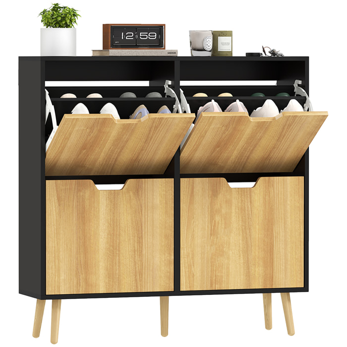 Zapatero Estrecho con 4 Cajones Abatibles, Zapatero Entrada Recibidor con Patas de Madera y Estantes Ajustables, para 16 Pares de Zapatos, para Pasillo, 95x26x95 cm, Natural y Negro