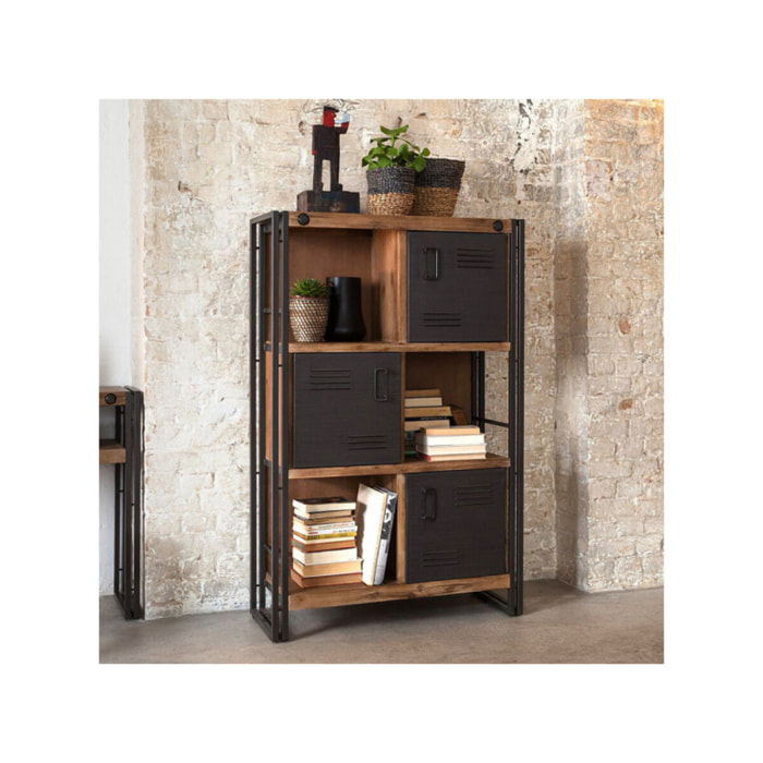 Bibliothèque en bois 3 niches/3 casiers avec portes en métal - ATELIER