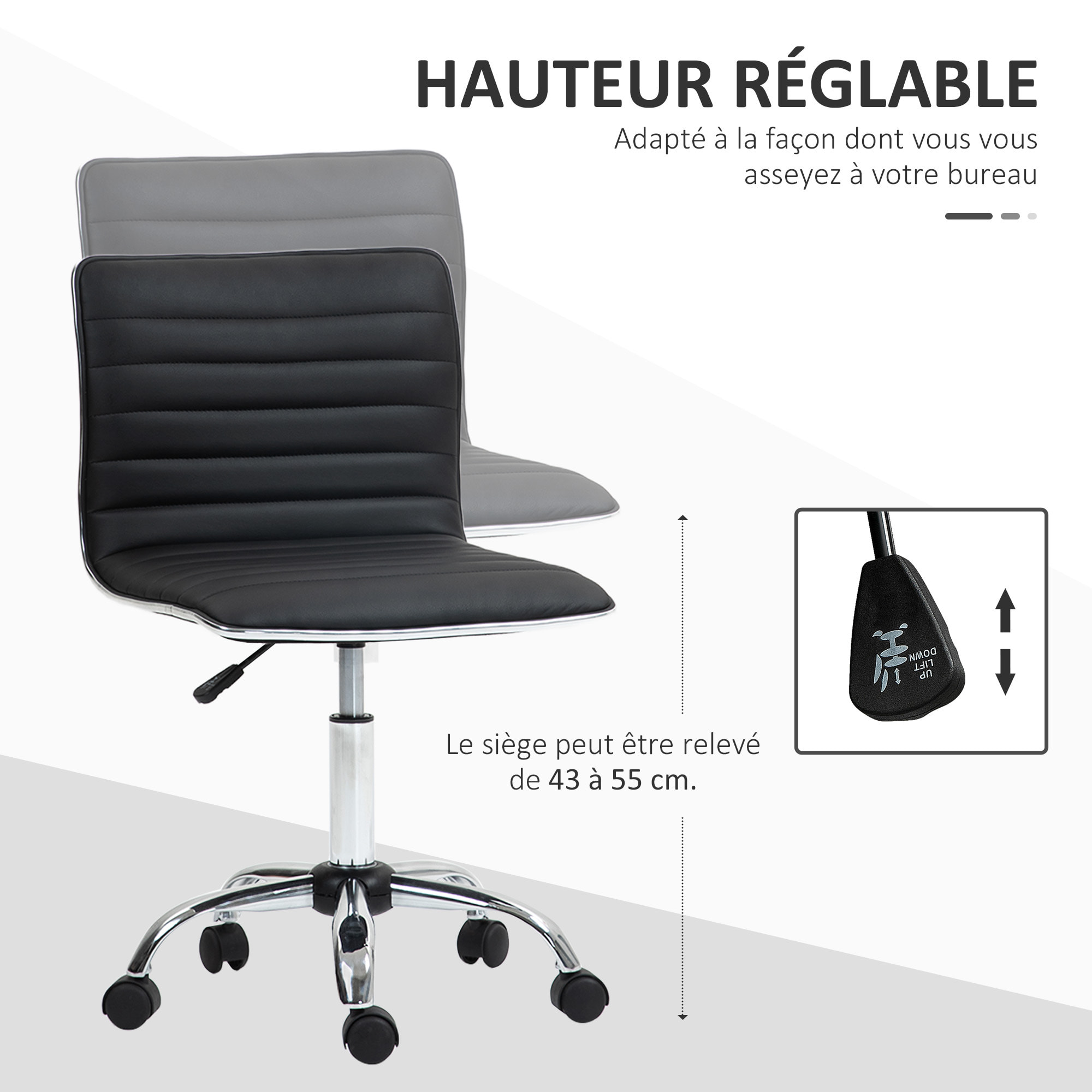 Chaise de bureau design style Chesterfield acier chromé revêtement synthétique noir