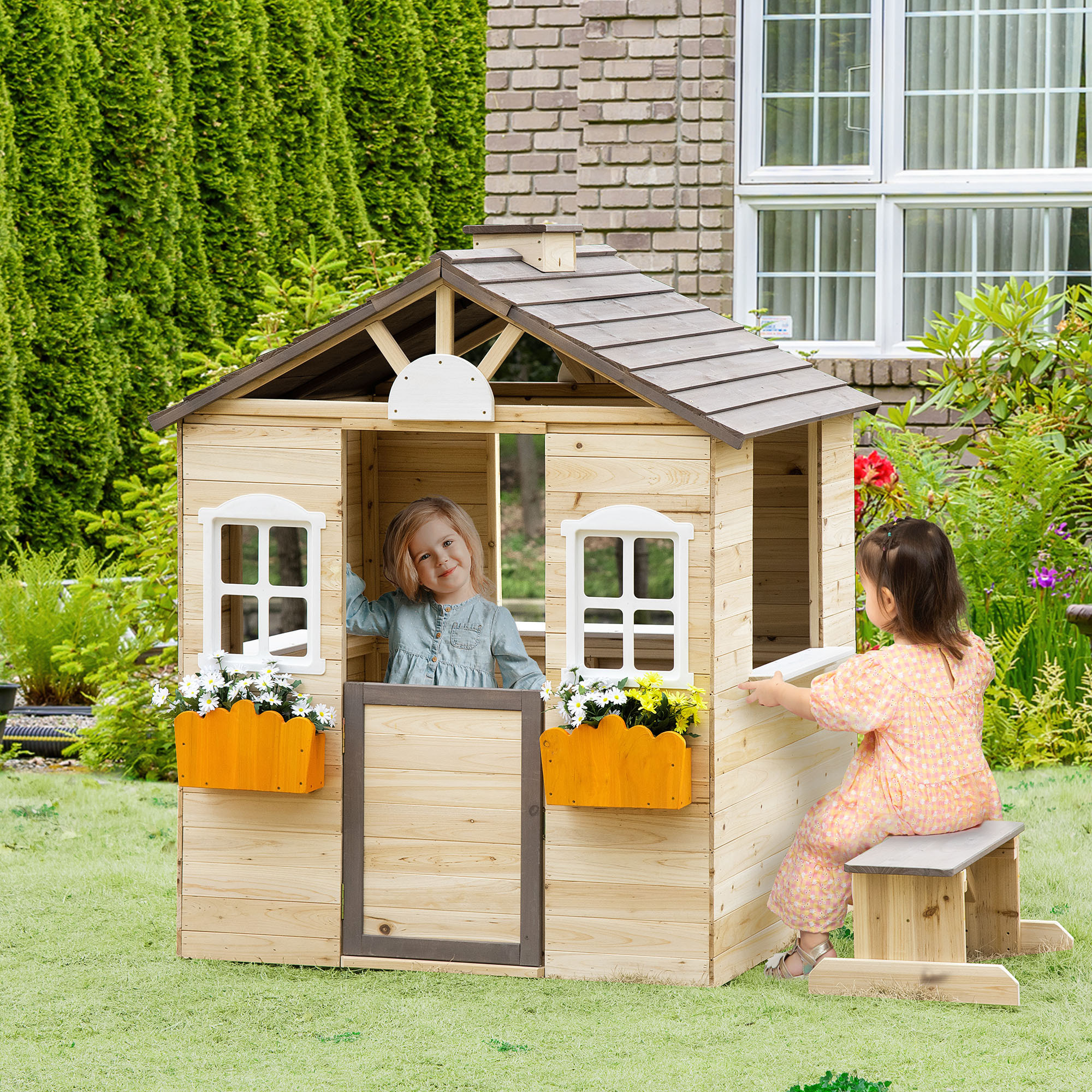 Casa de Jardín Infantil de Madera Casa de Juegos Exterior para Niños de 3 -7 Años con Ventanas 2 Jardineras y 1 Banco 113x94x134,5 cm Natural