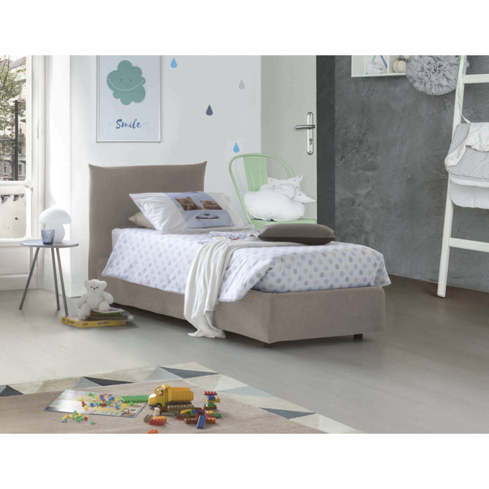 Letto singolo Daisy, Letto contenitore con rivestimento in tessuto, 100% Made in Italy, Apertura frontale, con materasso Cm 80x190 incluso, Tortora