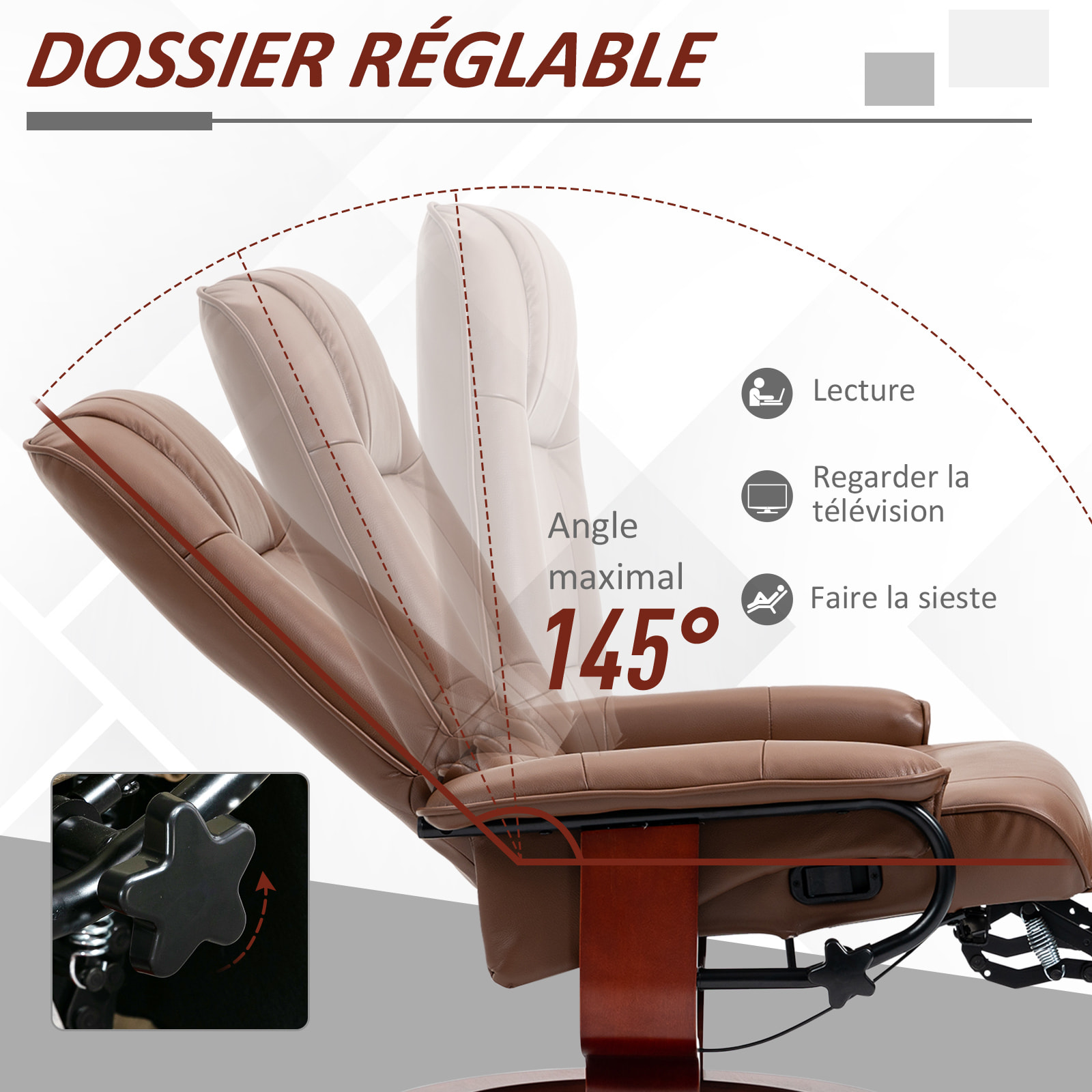 Fauteuil relax inclinable pivotant repose-pied réglable piètement bois revêtement synthétique marron