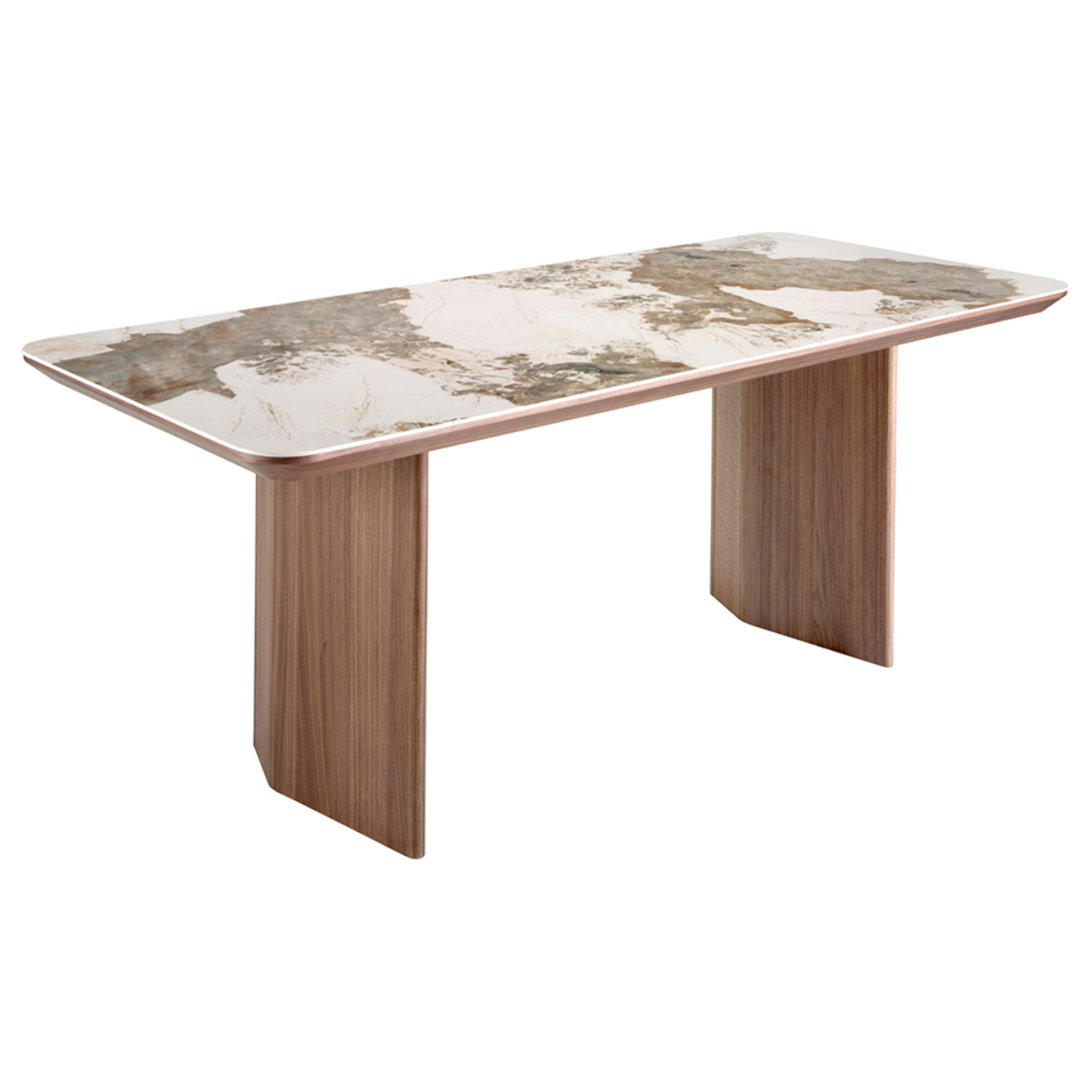 Mesa comedor rectangular con tapa fija de mármol porcelánico blanco con vetas en tonos tierra en acabado brillo 200x90x77cm