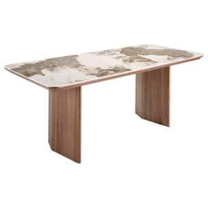 Mesa comedor rectangular con tapa fija de mármol porcelánico blanco con vetas en tonos tierra en acabado brillo 200x90x77cm