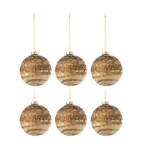 J-Line boule de Noël Lignes Paillettes - verre - brun - boîte de 6