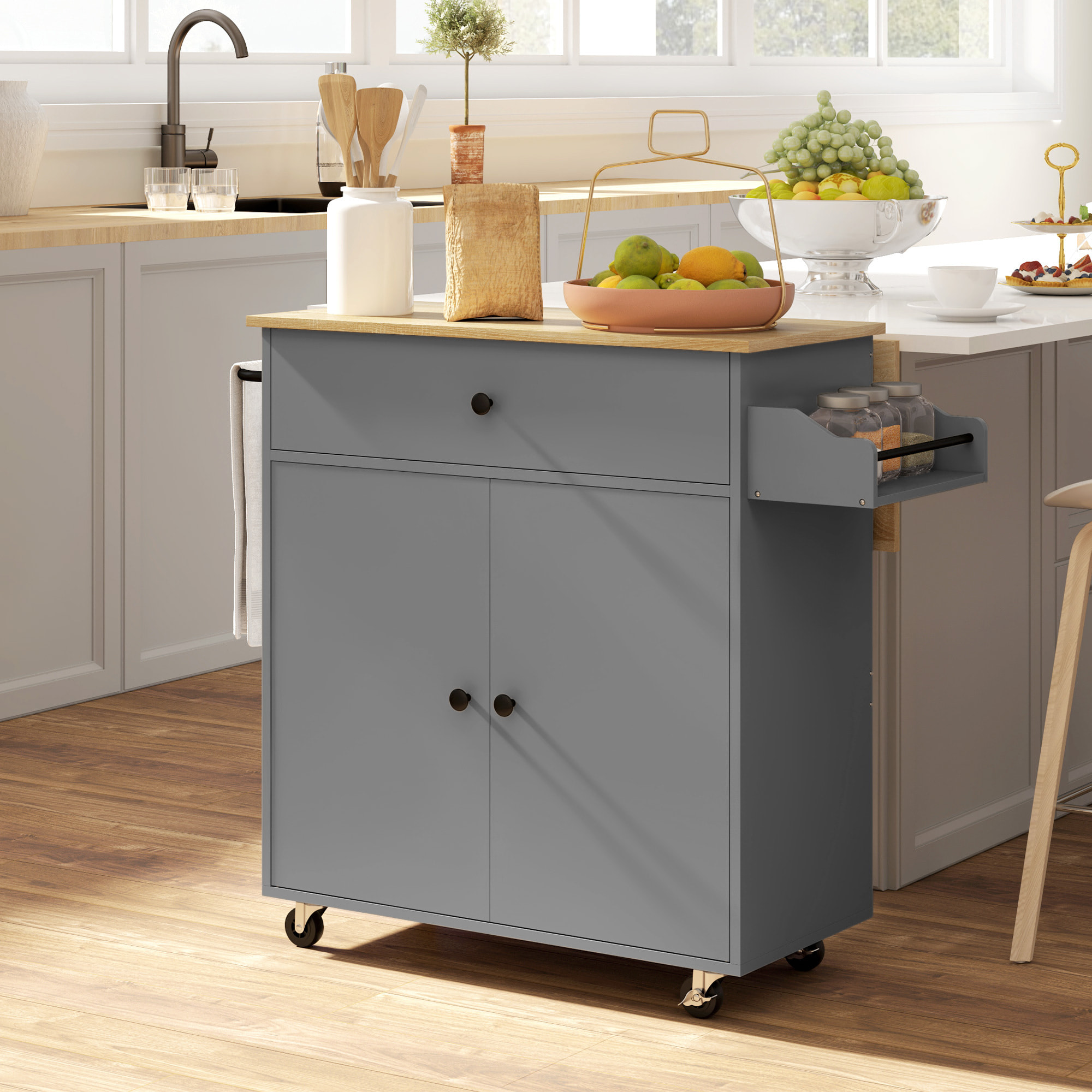 Isla de Cocina con Ala Abatible Carrito de Cocina Mueble Auxiliar de Cocina con Ruedas 2 Puertas Cajón Especiero Toallero y Estante Ajustable 106x42x87 cm Gris y Roble