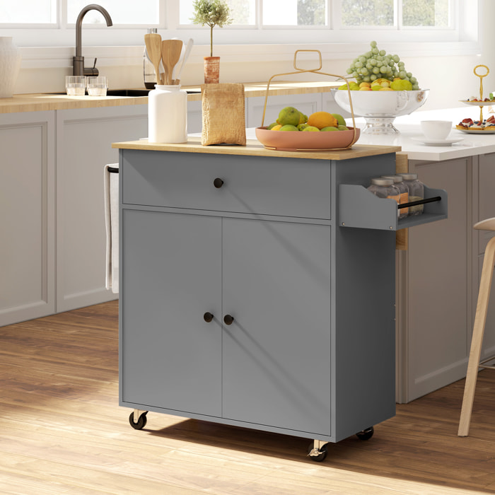 Isla de Cocina con Ala Abatible Carrito de Cocina Mueble Auxiliar de Cocina con Ruedas 2 Puertas Cajón Especiero Toallero y Estante Ajustable 106x42x87 cm Gris y Roble