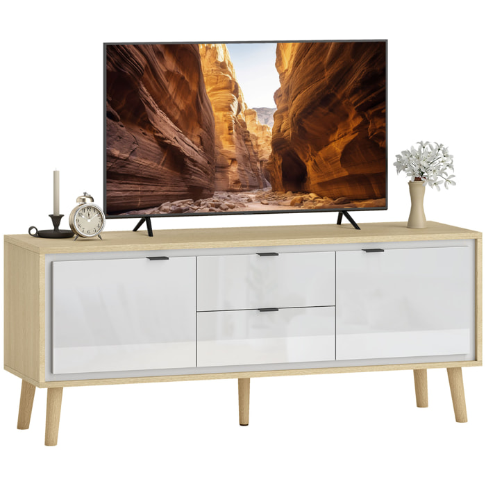 Mueble de TV Moderno de 2 Puertas, Mueble TV para Salón con 2 Cajones, Orificios Pasacables, Estantes Extraíbles y Ajustables, para Televisión 55 Pulgadas, 120x35x50 cm, Blanco Brillo y Roble