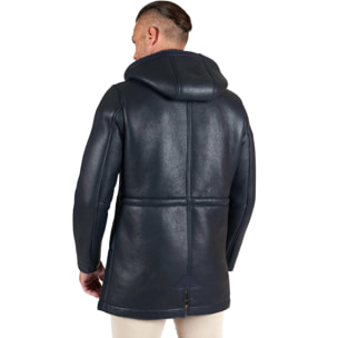 Cappotto montone blu Shearling uomo cappuccio staccabile