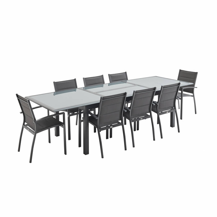 Salon de jardin table extensible - Philadelphie Gris anthracite - Table en aluminium 200/300cm. plateau de verre. rallonge et 8 fauteuils en textilène