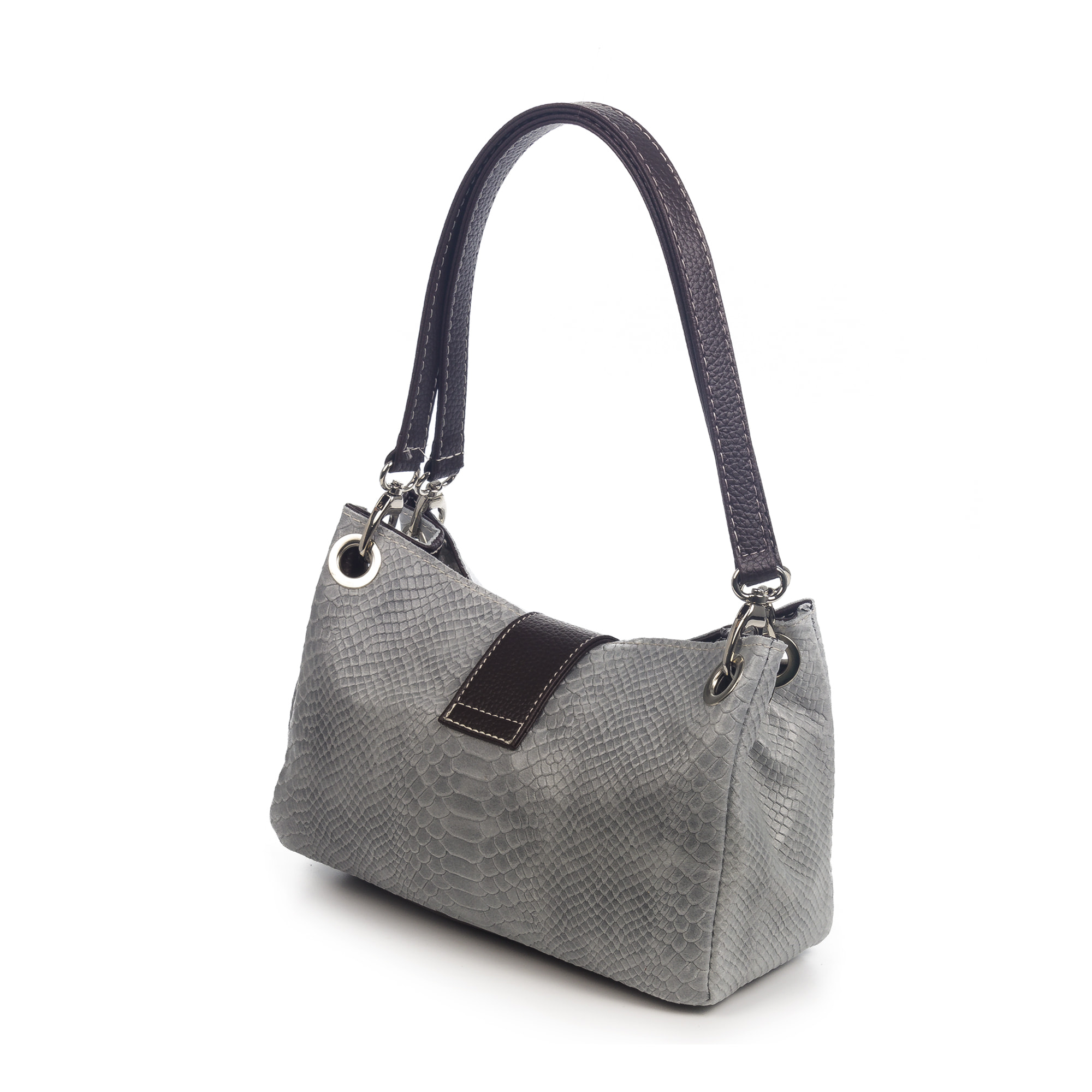 FIRENZE ARTEGIANI Anzio Borsa a Spalla da Donna. Vera Pelle Scamosciata Incisione Serpente Made in Italy 28x12x17 Cm. Grigio