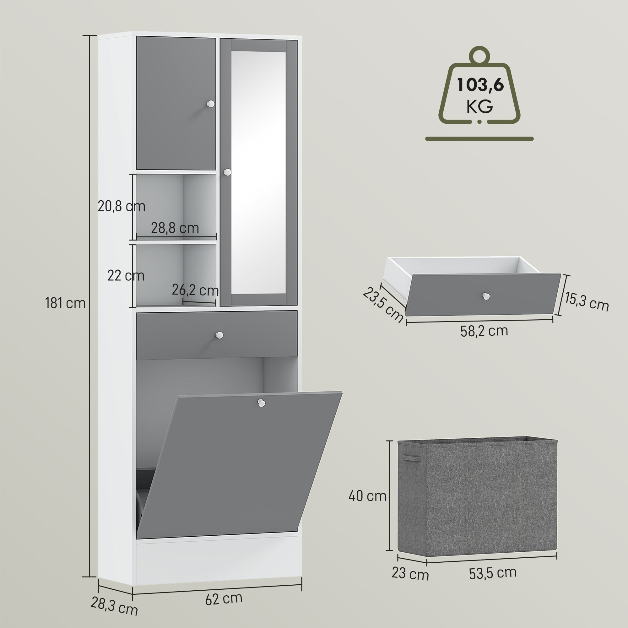 Armario de Baño con Cesto Ropa Sucia Armario Alto de Baño Estrecha con Espejo Cajón Compartimentos Abiertos y Estantes Ajustables 62x28,3x181 cm Blanco y Gris