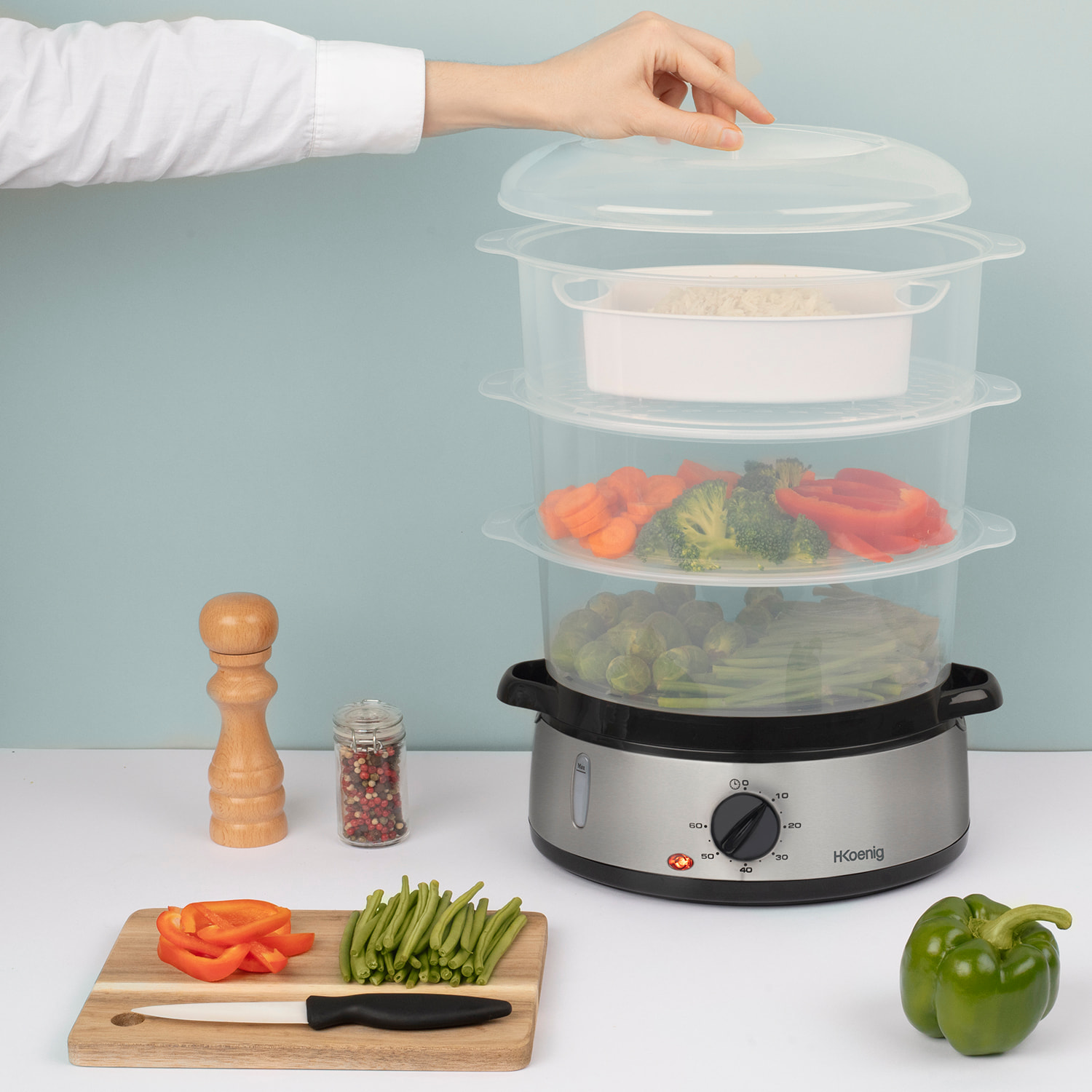 H.Koenig Vaporizador Eléctrico VAP10, Multifuncionel, Capacidad 9L, Programable, Compacto, Profesional, 3 Compartimentos Desmontables Para Huevos, Legumbres, Arroz, Minutero 60 Min