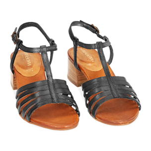 Sandalias negras en piel de vacuno, tacón de 4 cm