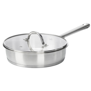 Sarten honda de acero inoxidable con tapa de cristal. Diámetro de 24cm y 2,2L.