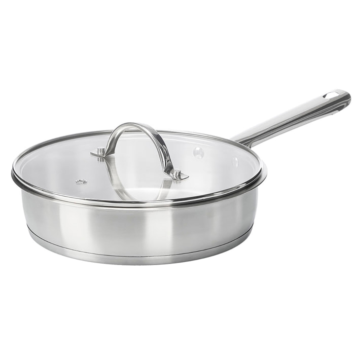 Sarten honda de acero inoxidable con tapa de cristal. Diámetro de 24cm y 2,2L.
