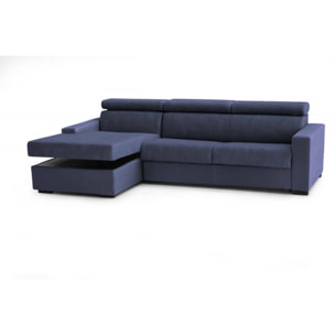 Divano Letto Alda, Divano ad angolo, 100% Made in Italy, Sofà con apertura girevole, con Penisola contenitore Sinistra, con Braccioli standard, Cm 280x95h85, Blu