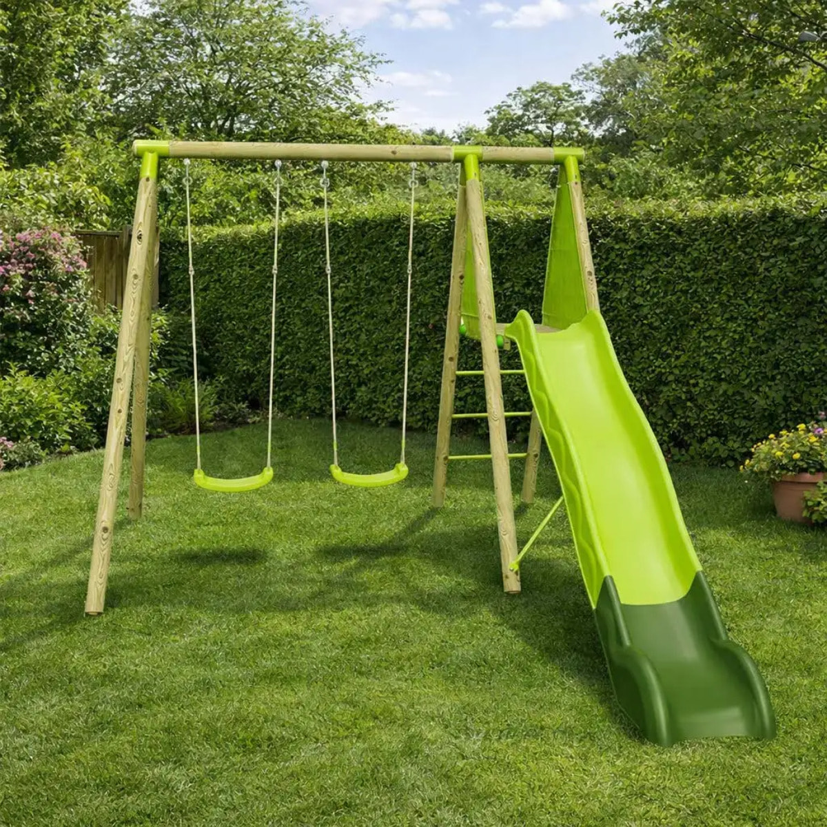 Balançoire en bois 2,30 m Topwood LUMI VERT - 4 enfants