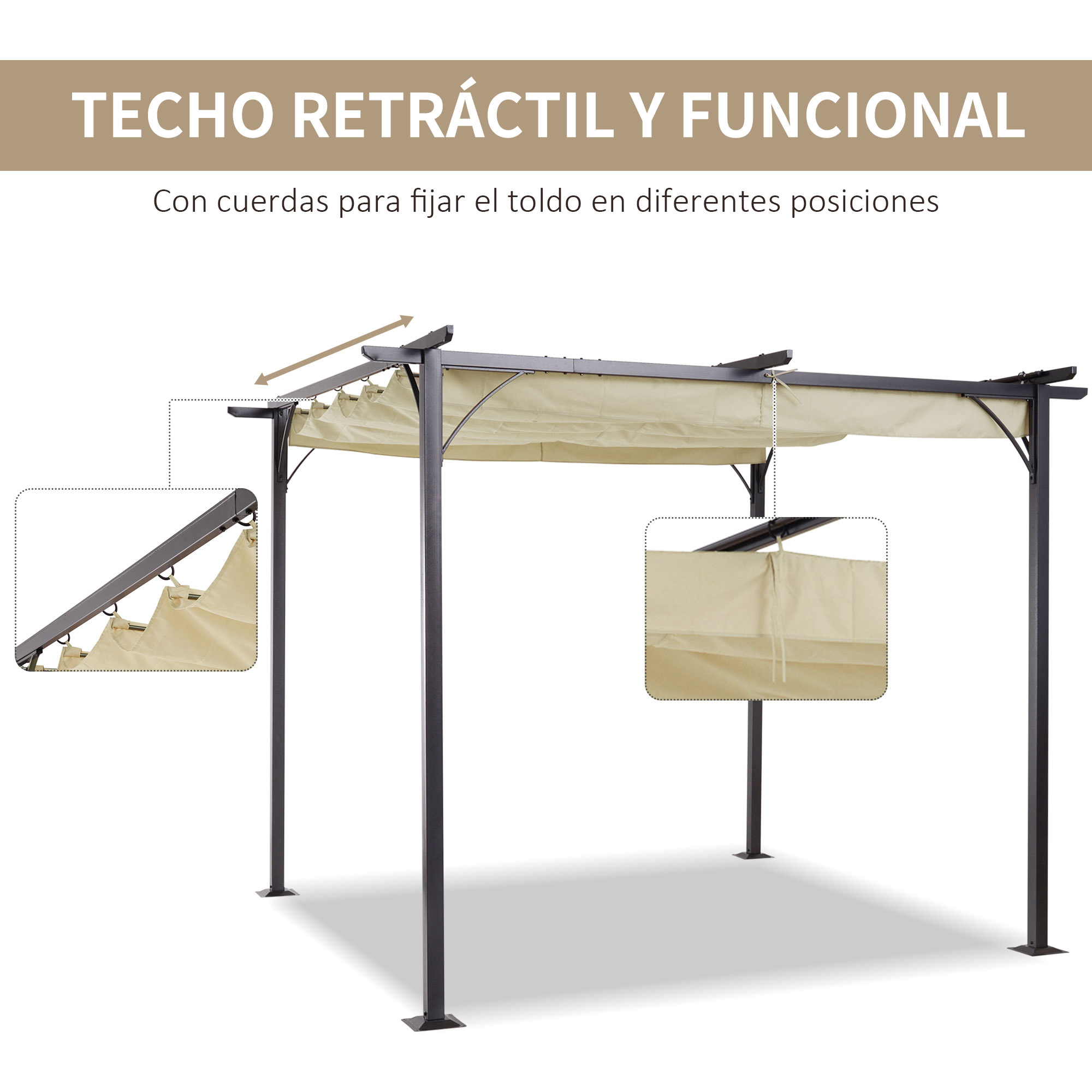 Pérgola de Metal 3x3m Gazebo Cenador para Jardín Patio con Techo Retráctil