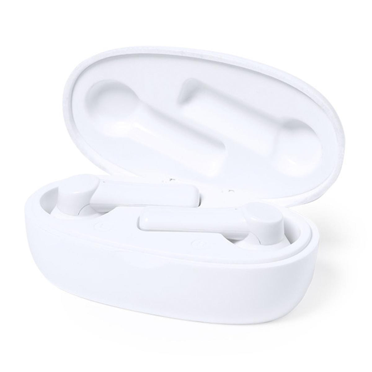 DAM Auriculares TWS Kermit, Bluetooth 5.0, con base de carga de 250mAh. Materiales de fibras naturales sostenibles. 6,5x3,6x2,5 Cm. Color: Blanco