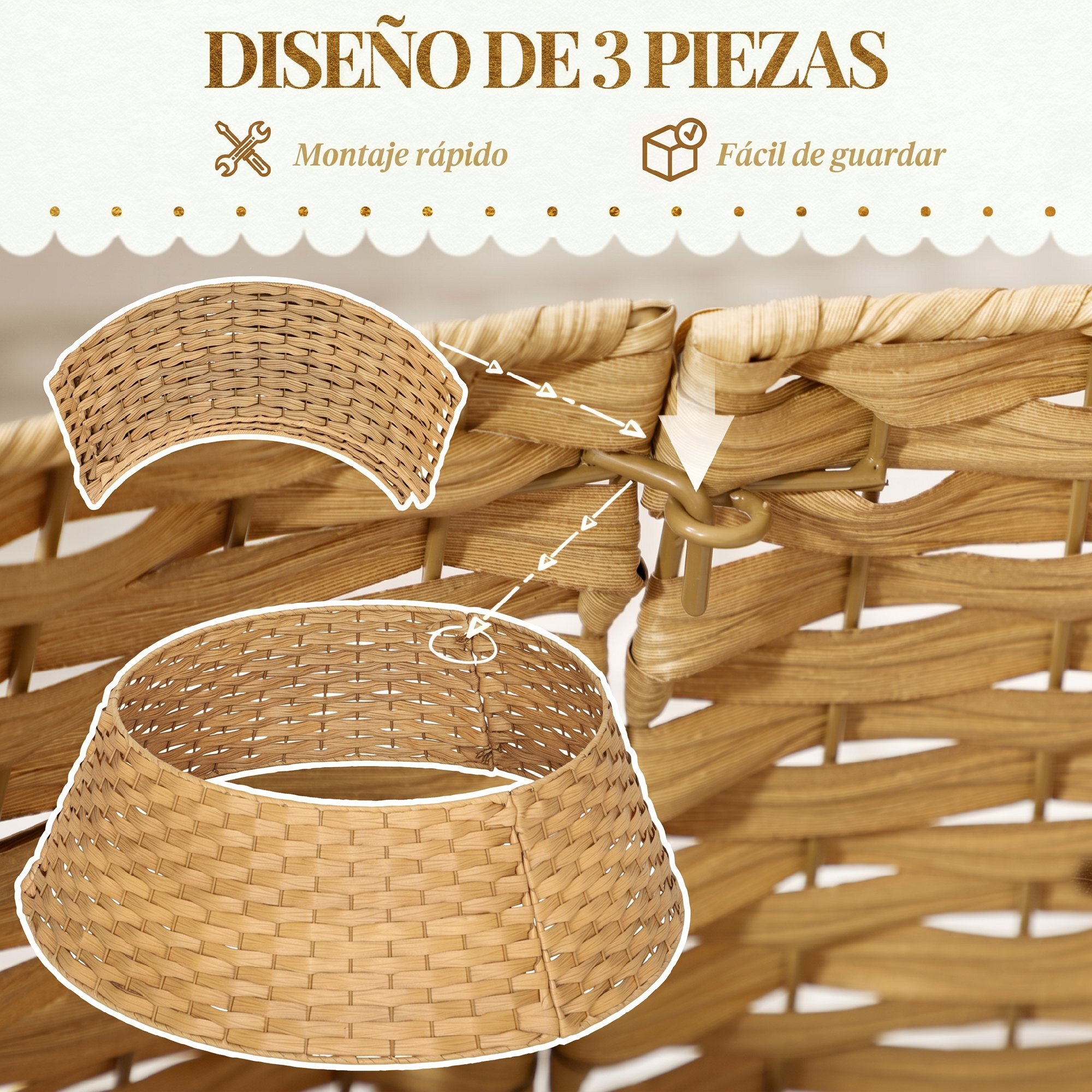 Falda para Árbol de Navidad Rústico, Diseño Tejido, Cubre Pie para Árbol de Navidad Desmontable para Fiestas, Decoración Navideña, Ø68x22 cm, Natural