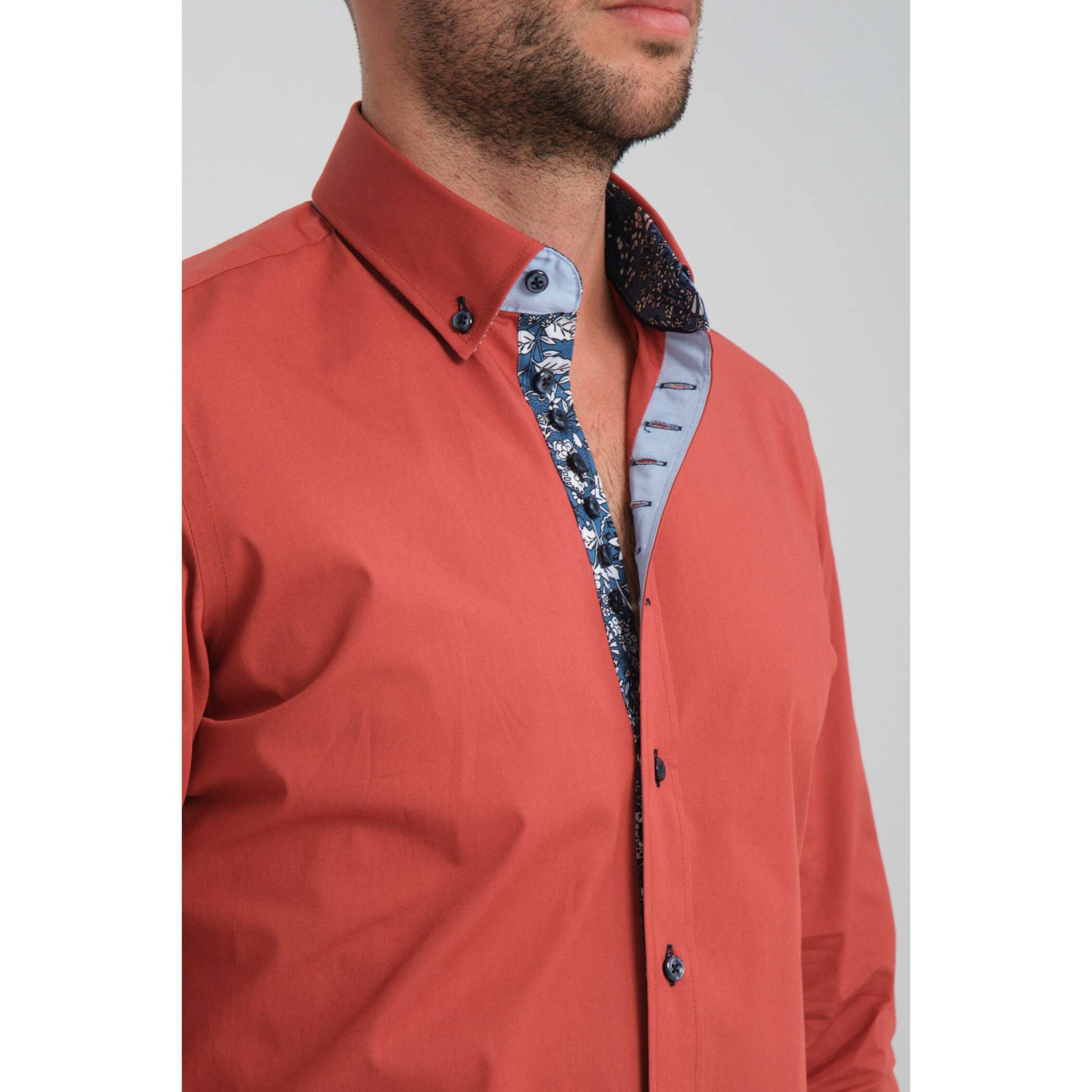 Camicia Uomo 1 Bottoni Button Down Slim Popeline Stretch Unito Rosso Mattone