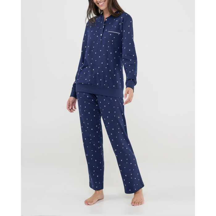 Pijama mujer estampado estrellas, cuello abierto con botones, con bolsillo, manga larga con puños y pantalón largo