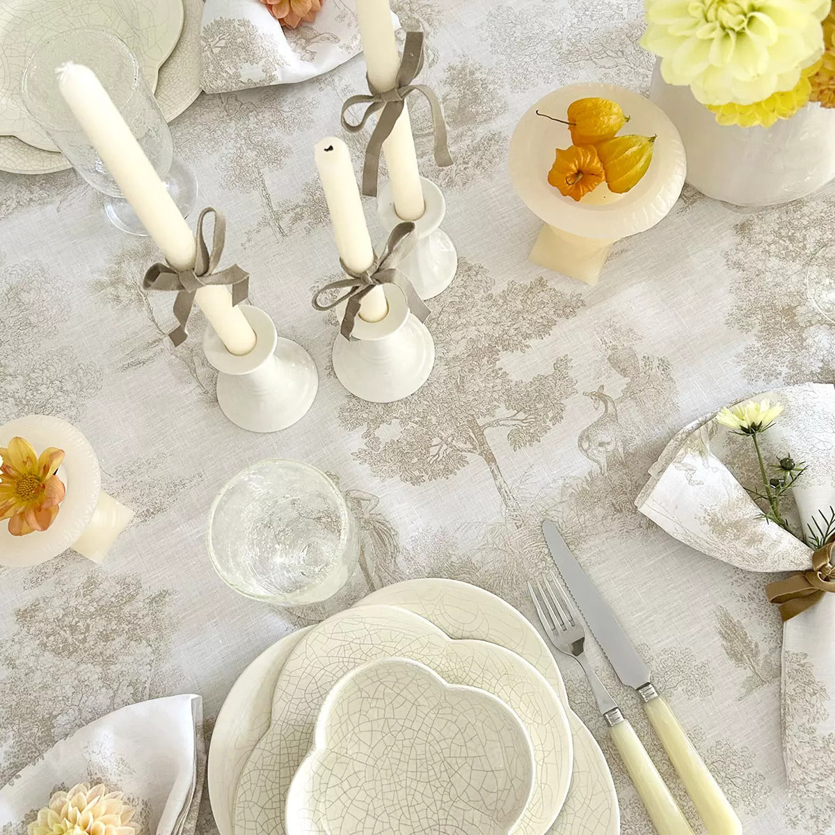 Nappe pur lin 165 g/m² imprimé beige Poesie naturel