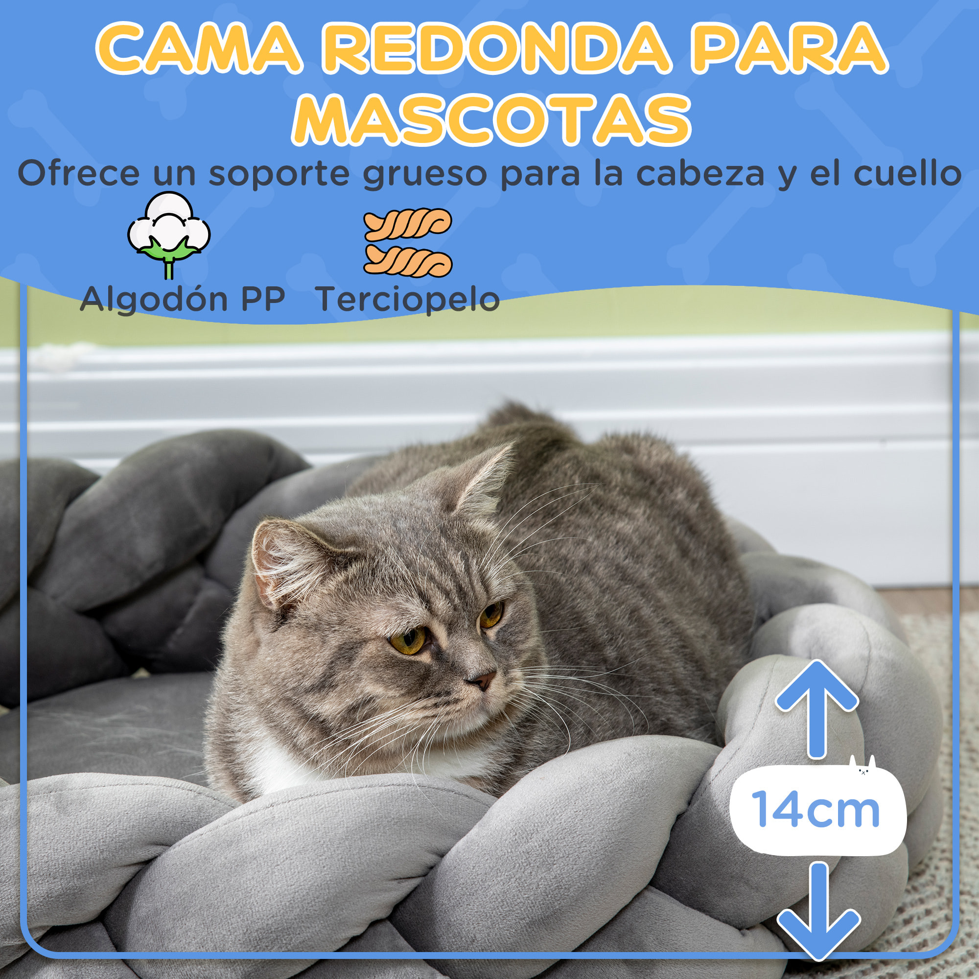 Cama para Perros Pequeños Antiestrés Cama para Gatos Lavable Cama para Mascotas Redondo con Cojín Independiente y Cuerda de Algodón 55x55x14 cm Gris