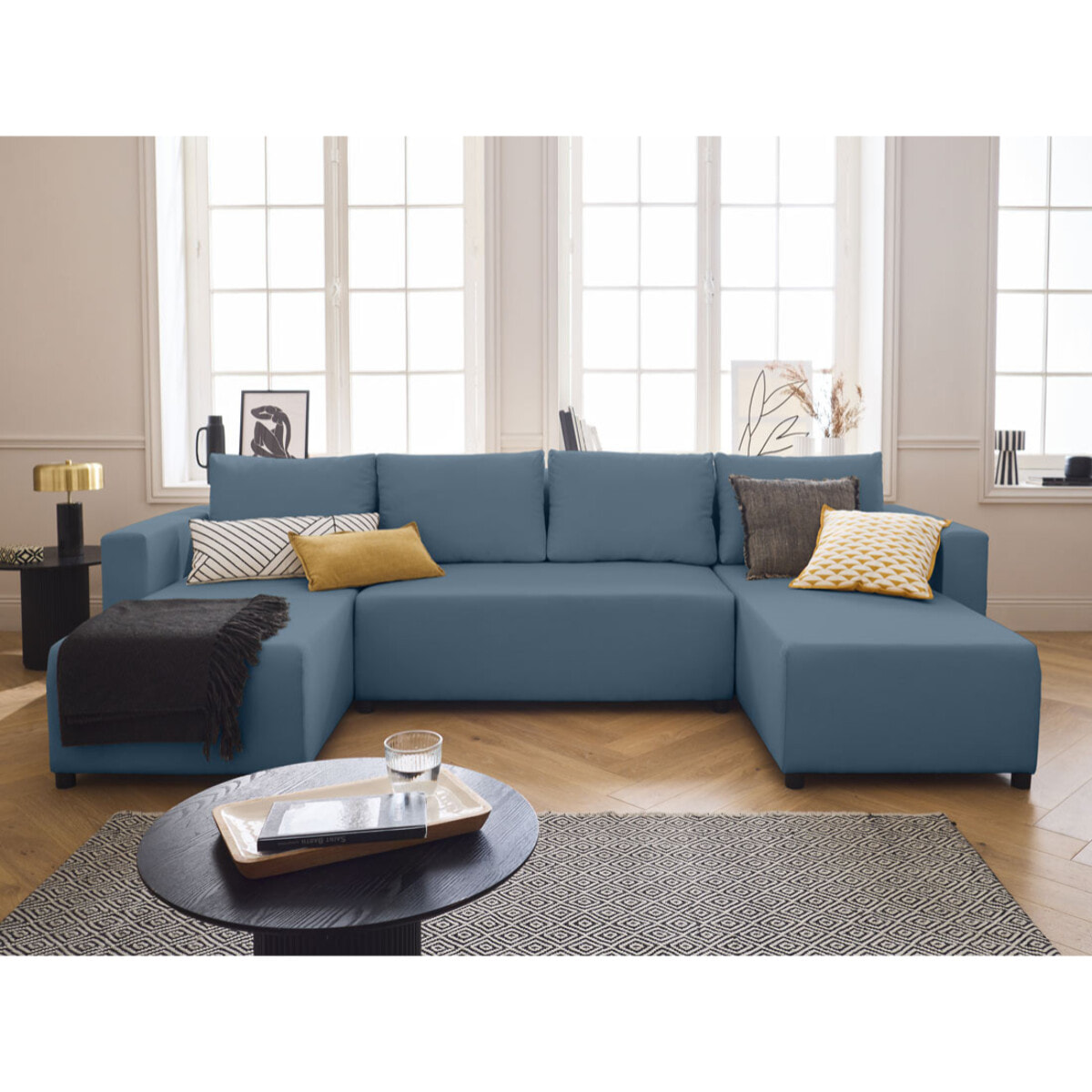 Regala - canapé panoramique - 7 places - convertible avec coffre - en tissu - Bleu Ardoise