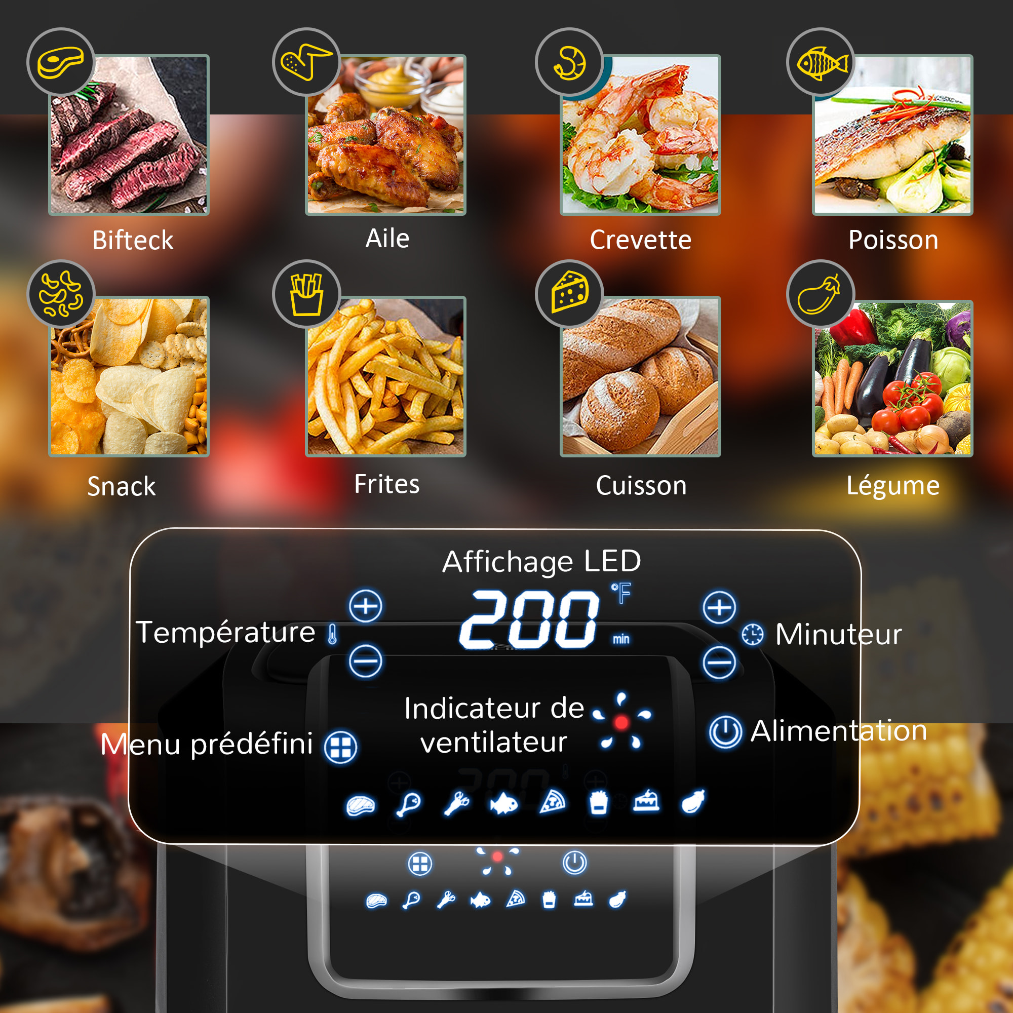 Friteuse à air 1700W 6,5L - air fryer multifonction 8 programmes - température réglable - timer 60 min. - gris noir