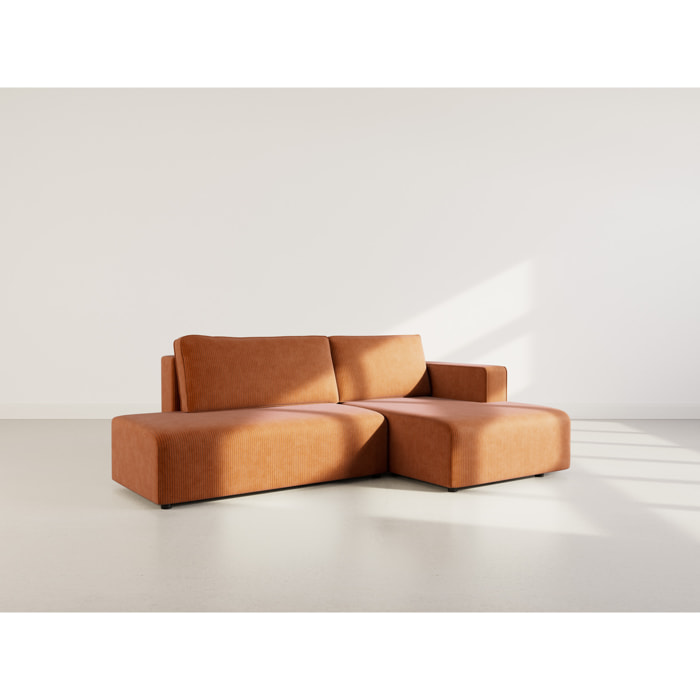 Topaze - canapé d'angle droit 4 places convertible avec coffre en velours côtelé - Terracotta