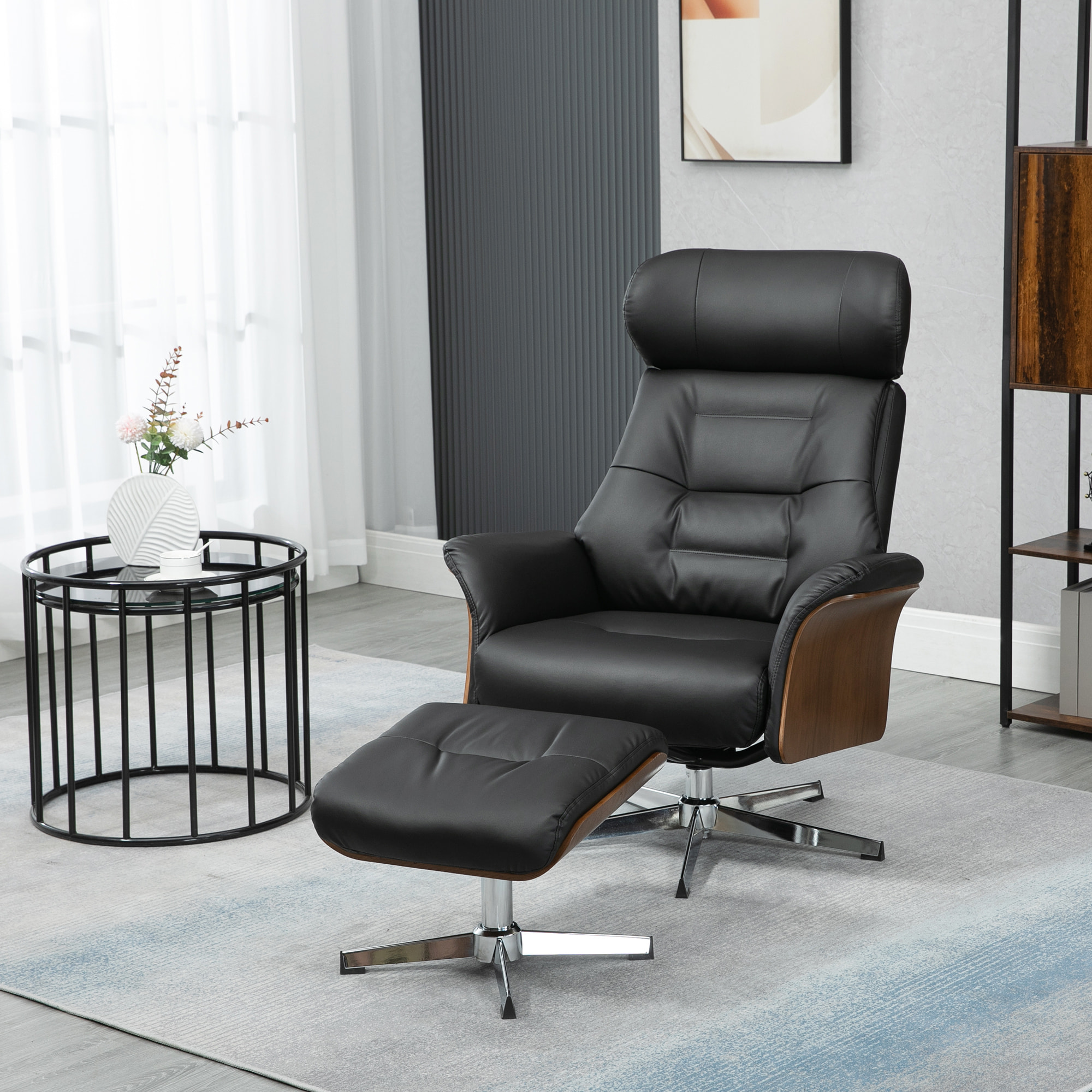 Fauteuil relax avec repose-pieds - ensemble lounge chair design - acier chromé bois eucalyptus synthétique noir