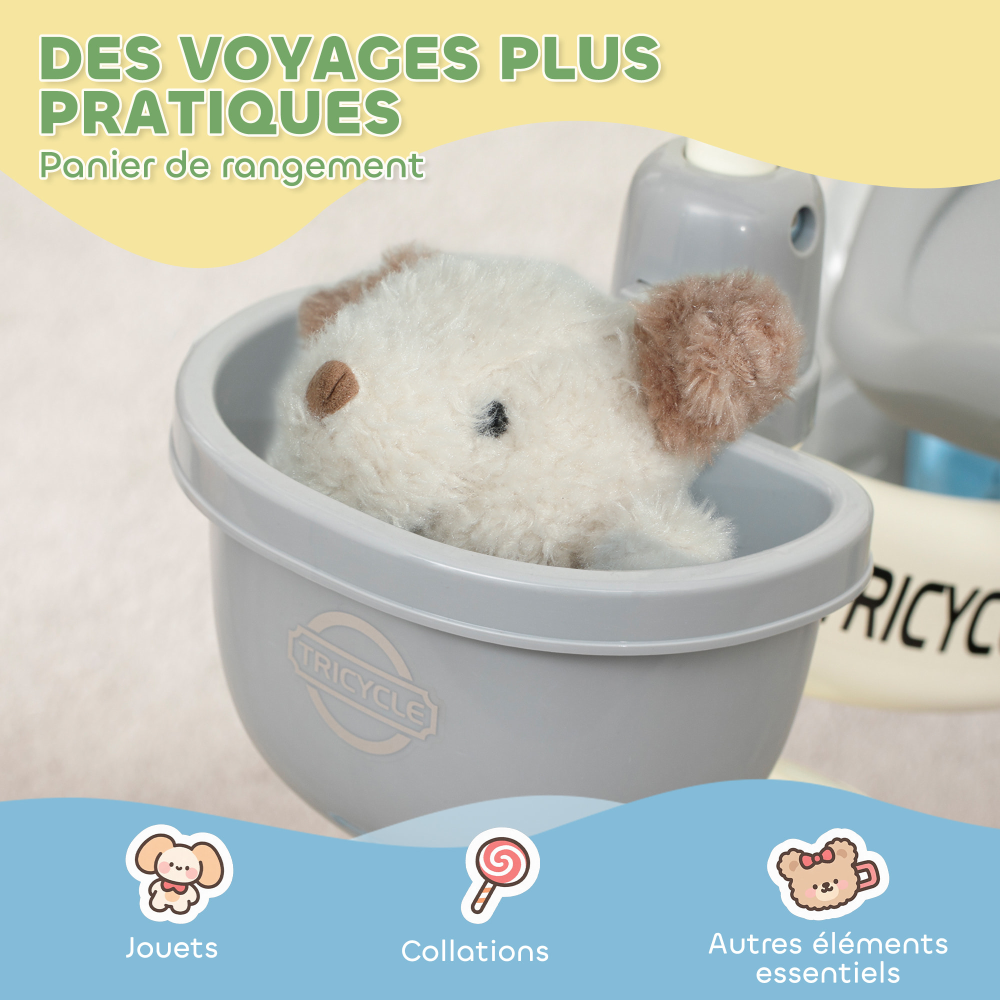 Tricycle enfant multi-équipé garde-boue avant sonnette pédales antidérapantes selle avec dossier bleu blanc gris