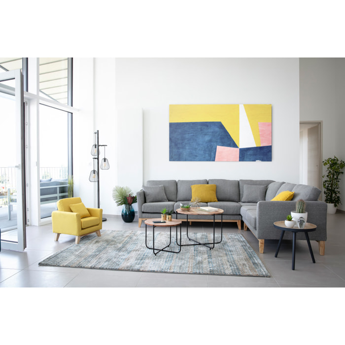 Canapé d'angle déhoussable scandinave 5-6 places en tissu gris clair et bois clair OSLO