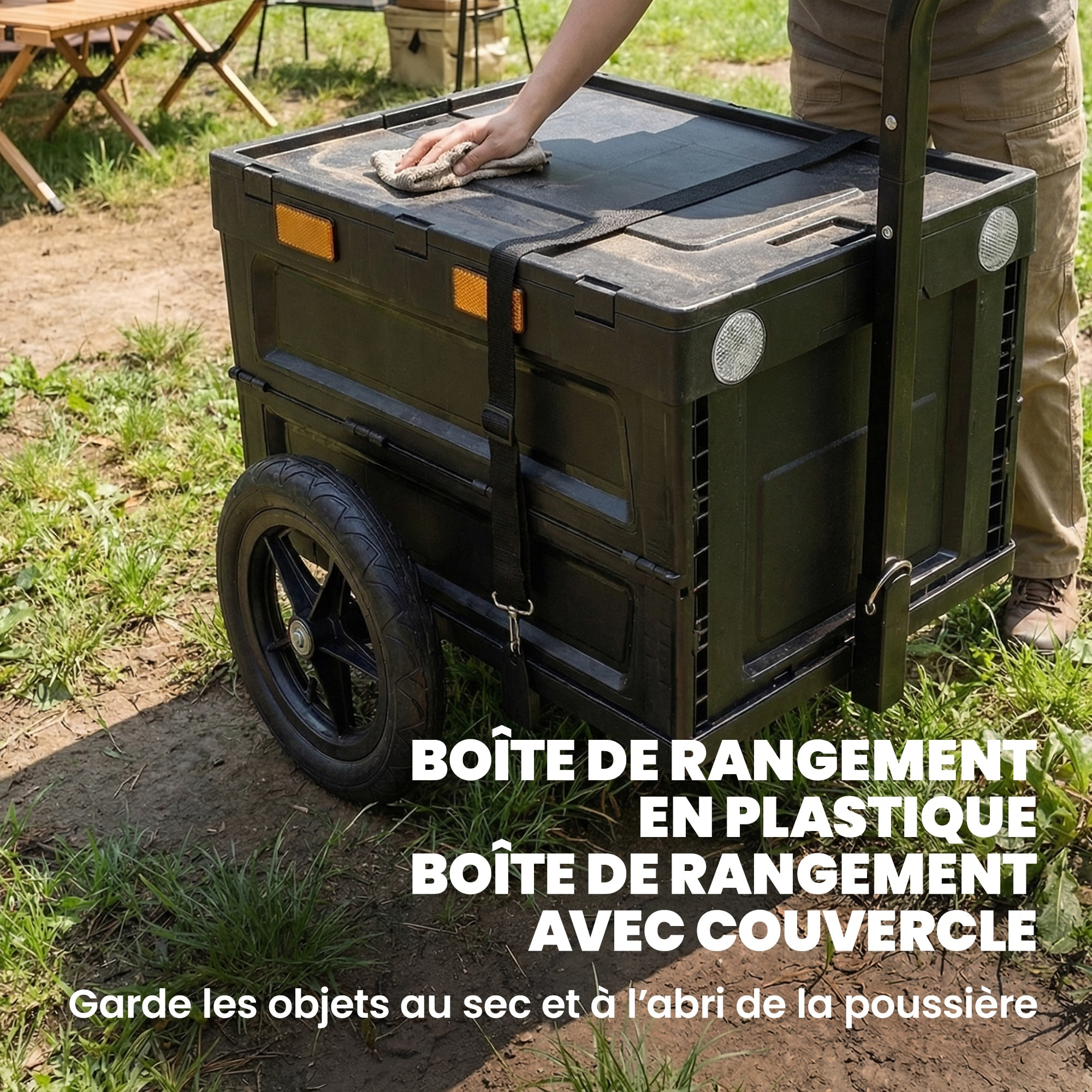 Remorque vélo cargo pliable caisse plastique 65L noir