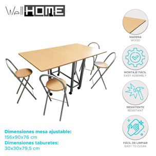 Well home - conjunto mesa y 4 taburetes 'libro' en madera