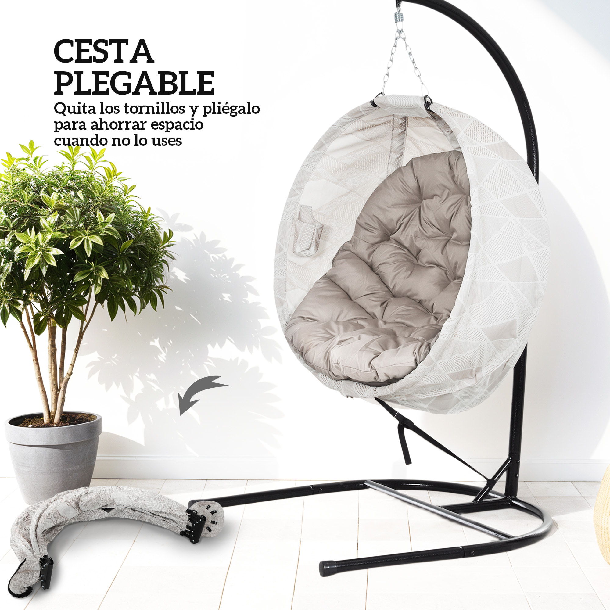 Silla Colgante Huevo con Soporte Columpio de Jardín Exterior con Cesta Plegable de Malla Doble Cojín y Portavasos Columpio Colgante para Interior y Exterior Carga 120 kg Arena y Negro