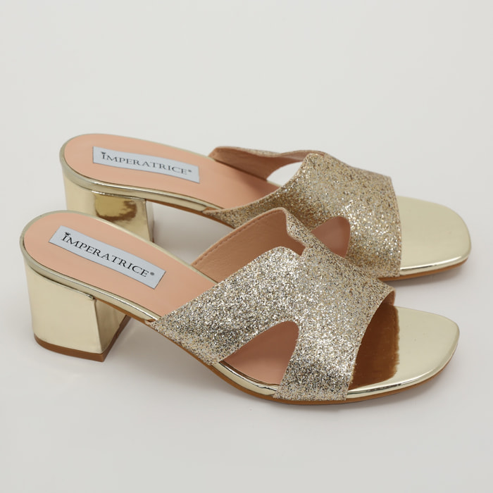 Sandali in simil pelle con tacco comodo e fascia brillantinata