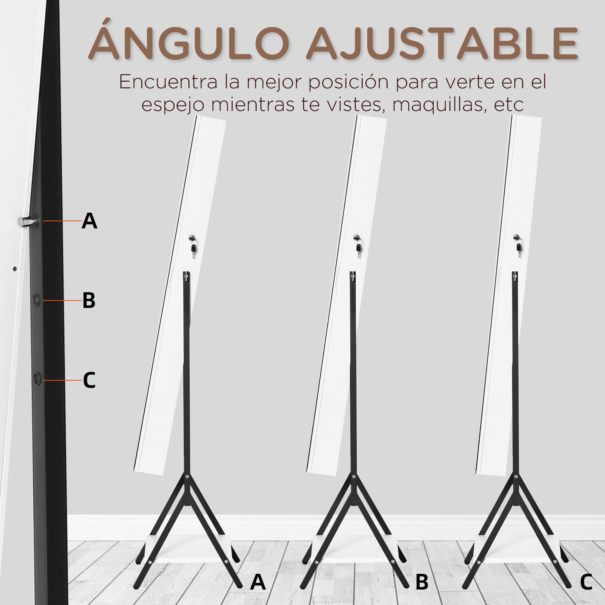 HOMCOM Espejo Joyero de Pie Cuerpo Entero Ajustable en ángulo Armario de Joyería con Estante Inferior Cerradura Magnética Ranuras y Cajas para Joyas 47x36x157 cm Blanco y Negro