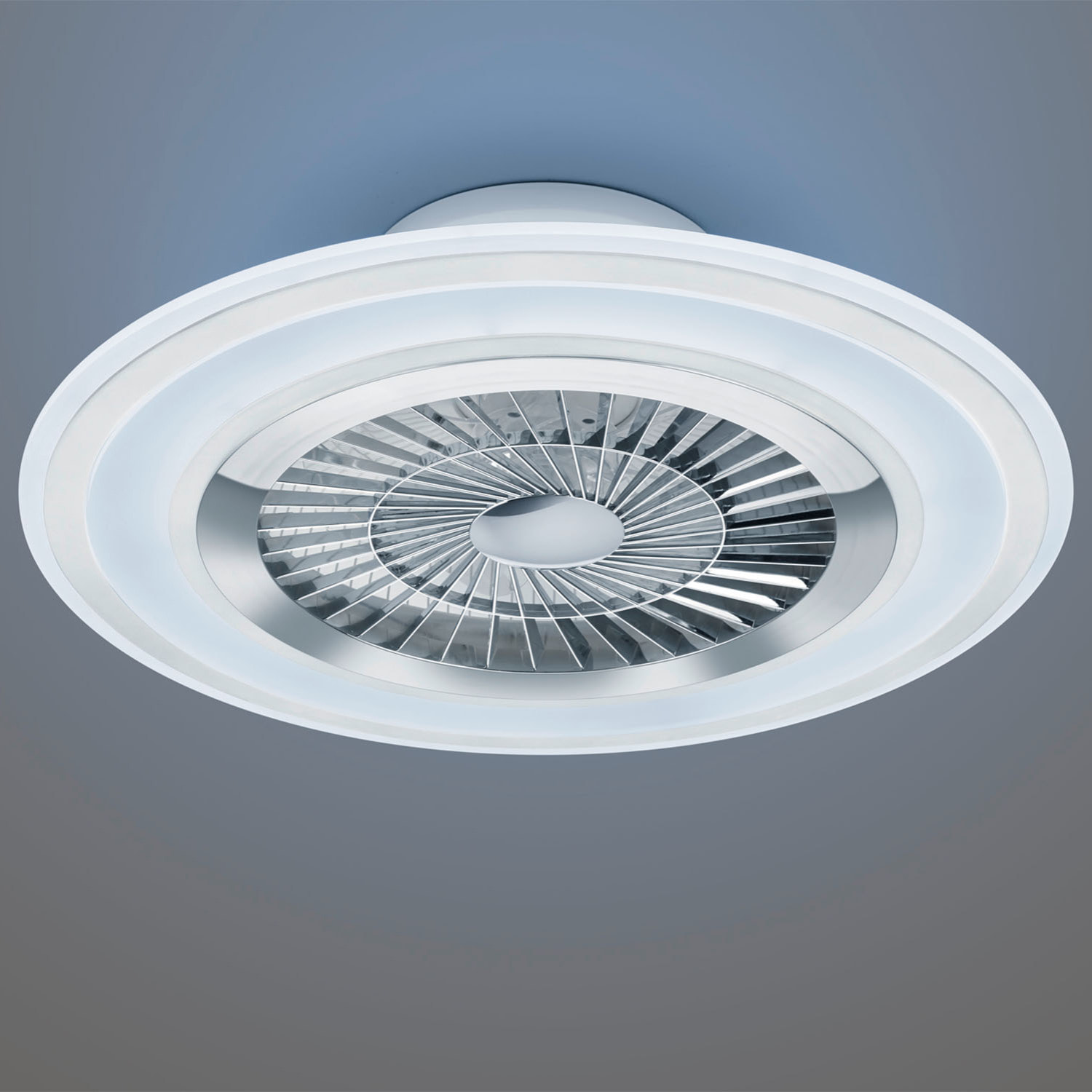Flaga - Ventilatore e plafoniera LED Ø60 cm con bordo satinato bianco, telecomando, dimmer, timer, luce notturna ed effetto stelle