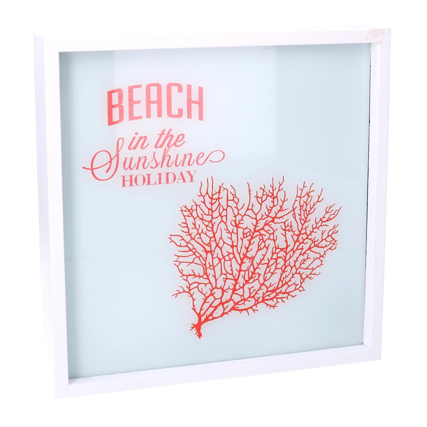 Quadro in legno bianco con led e corallo quadrato cm24x24x4