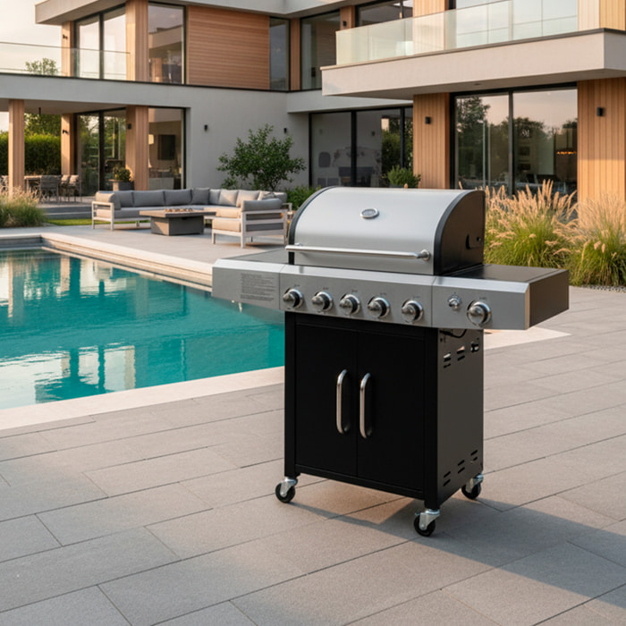Barbecue a Gas Professionale XXL Da 19 kW con 6 Bruciatori in Acciaio Inox Fuoco Laterale Termometro Griglia Di Cottura 70x42 Cm 140×50×120 Cm Nero